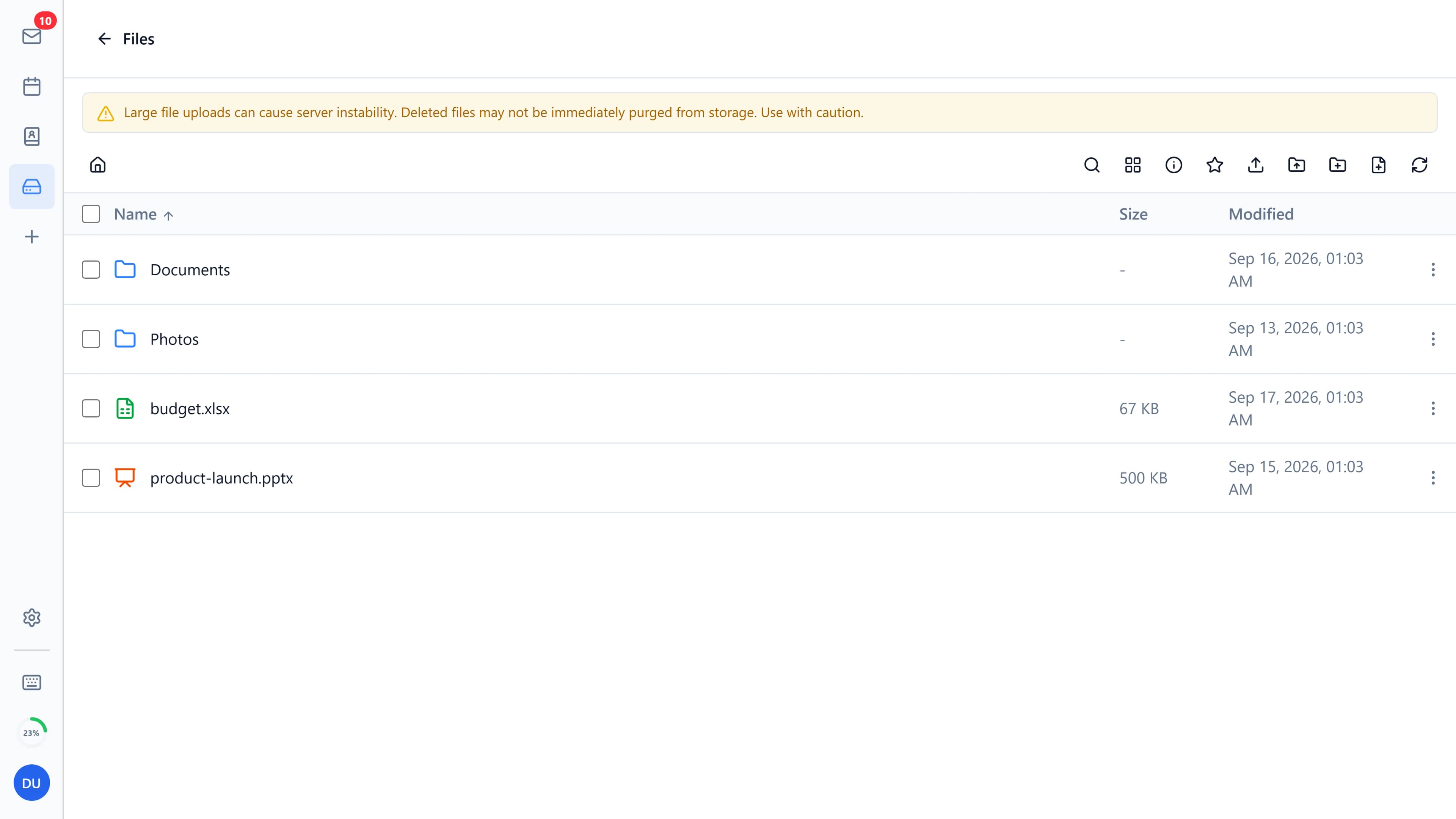 The files list with folders and documents