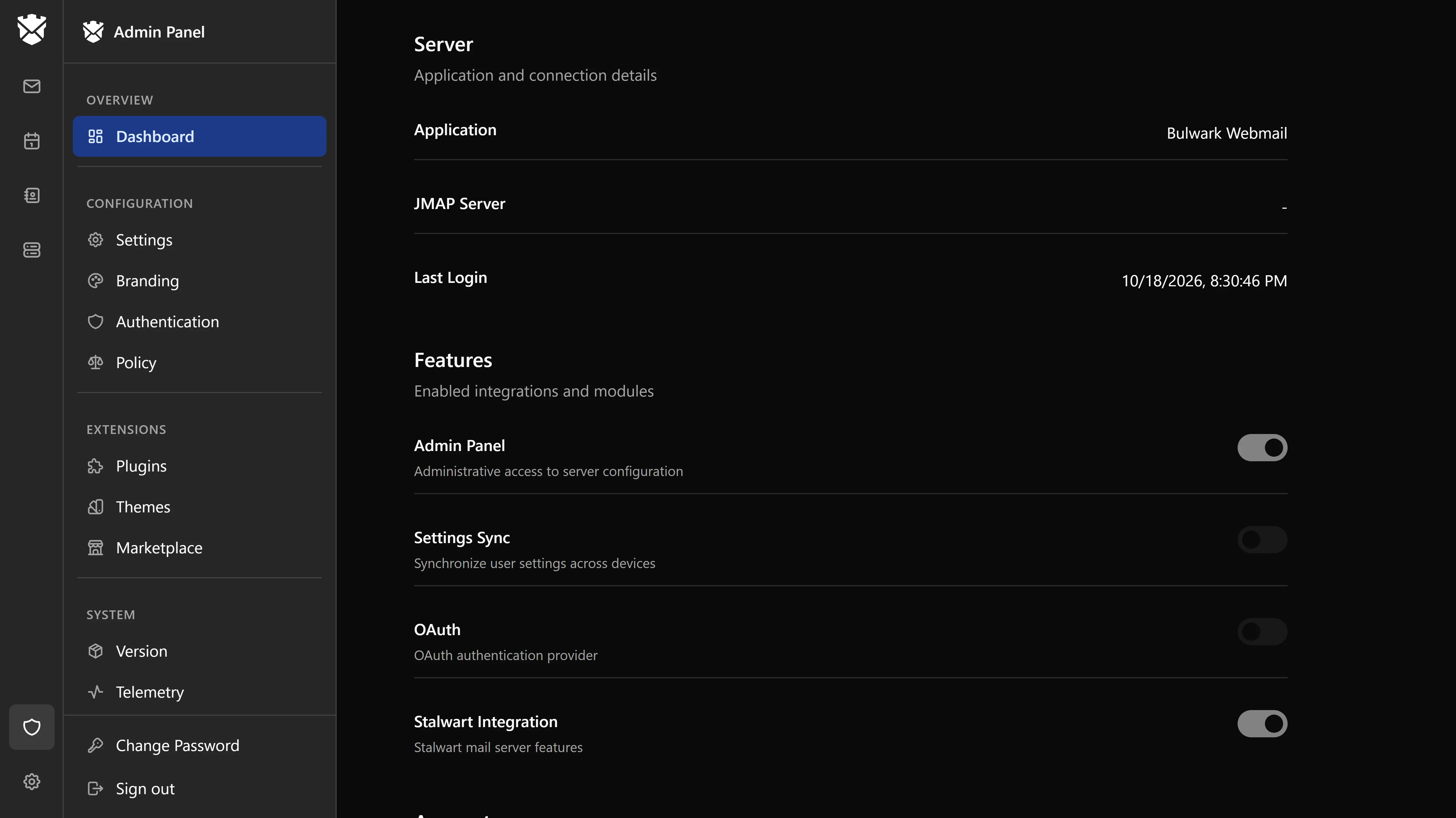 The admin dashboard: server details and enabled features, with the section list on the left