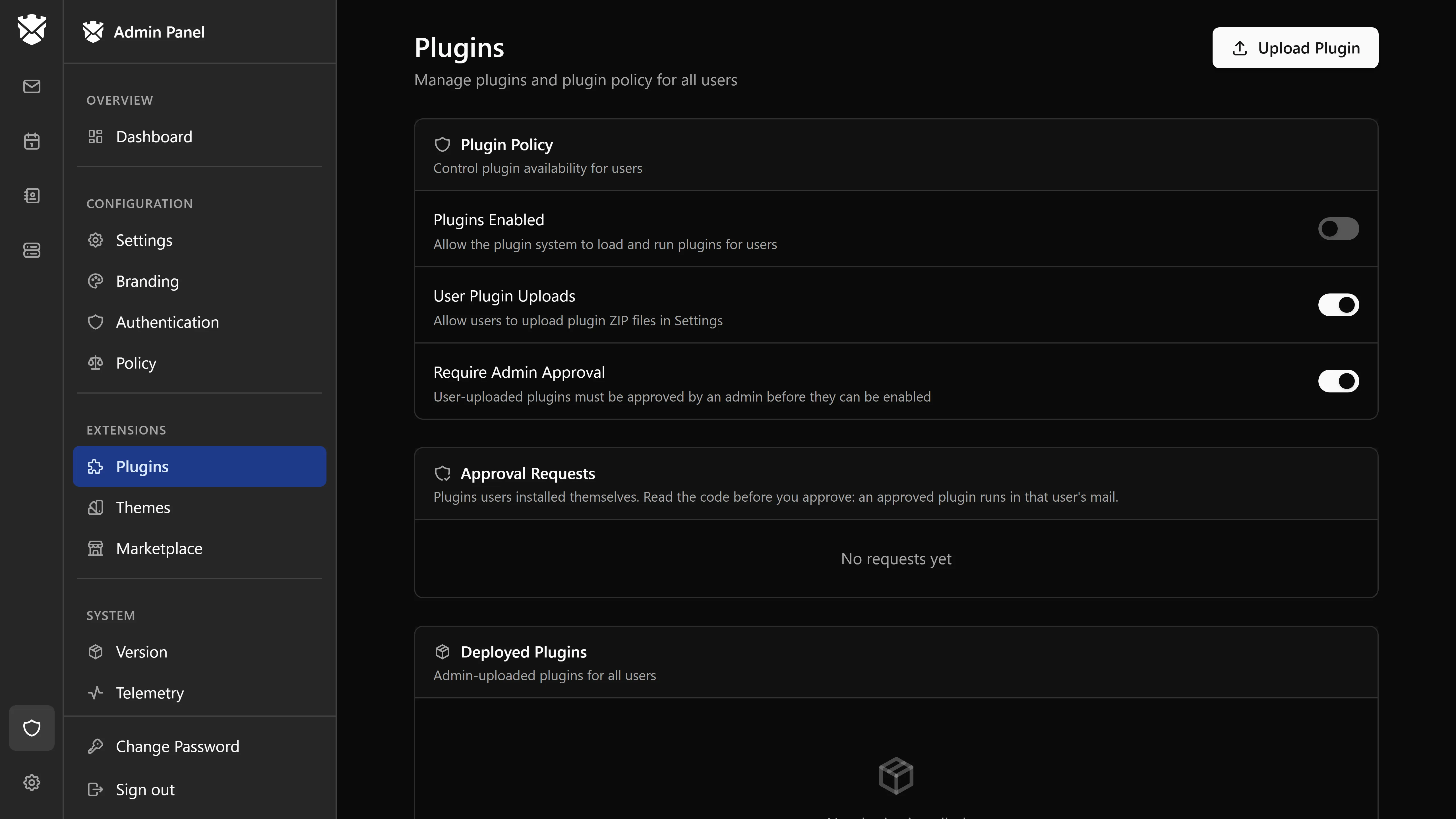 The Plugins section of the admin dashboard