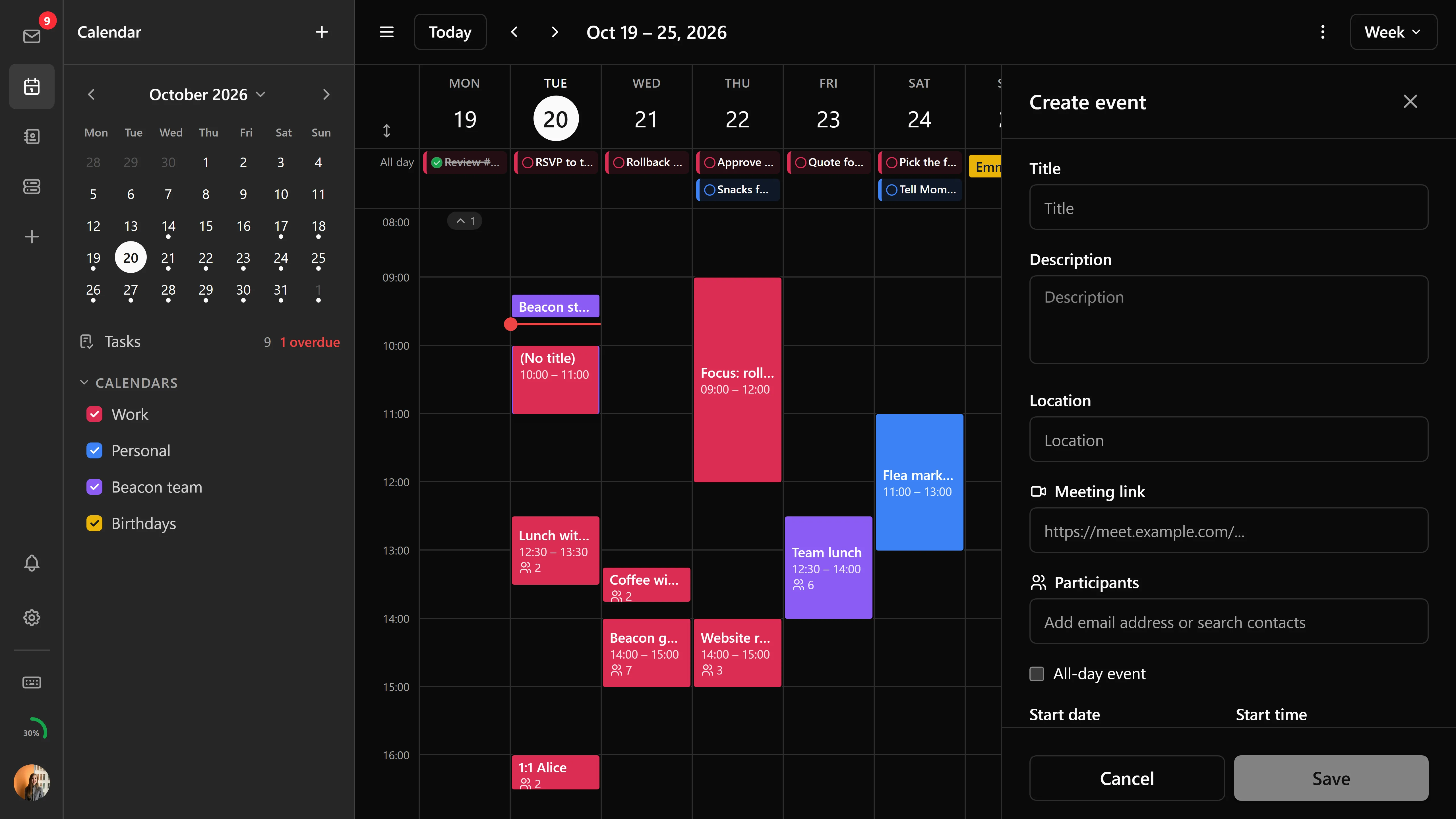 Bulwark calendar event creation