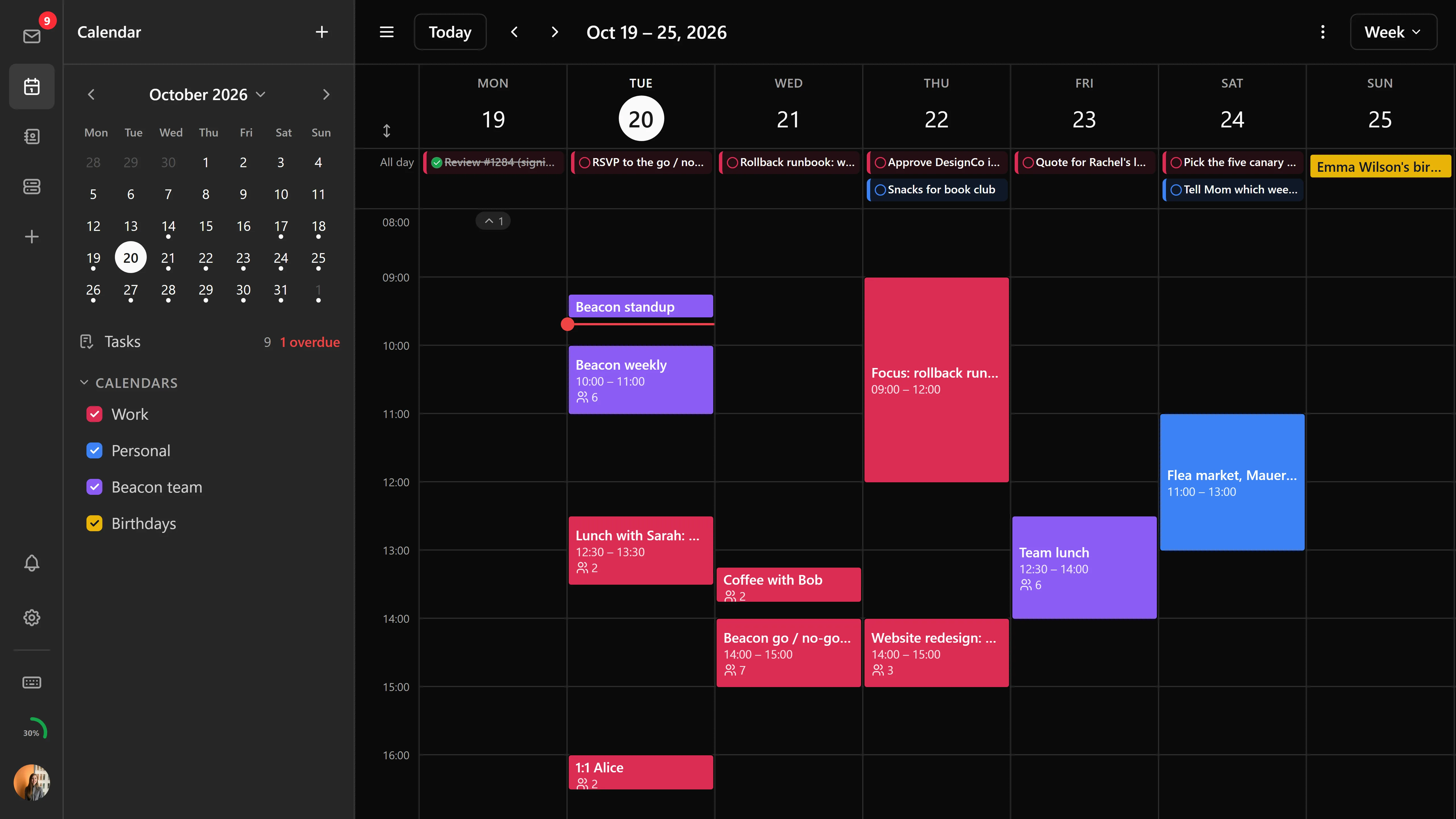 The week view with events from several calendars and the day's tasks
