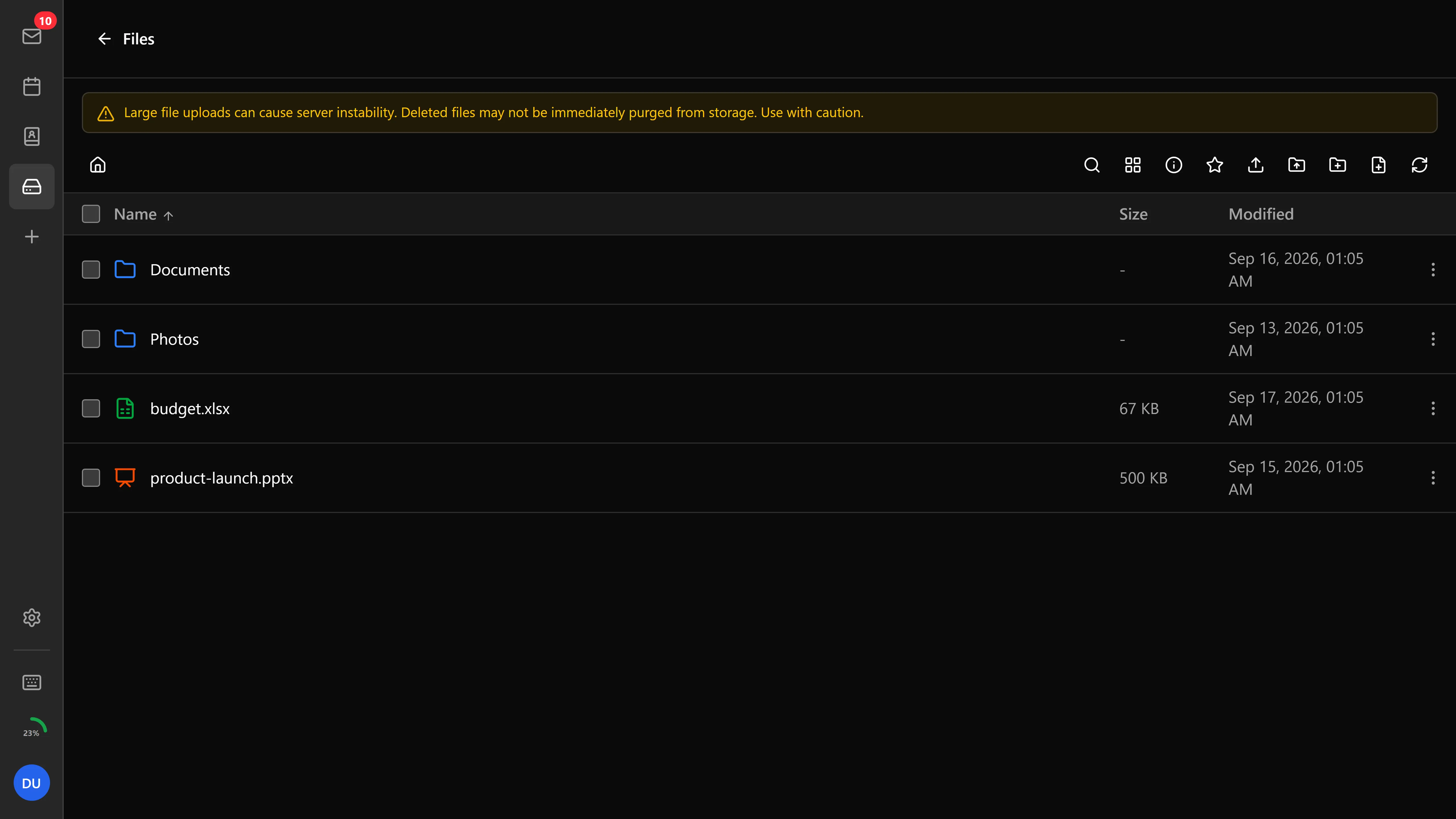 The Bulwark file browser in list view
