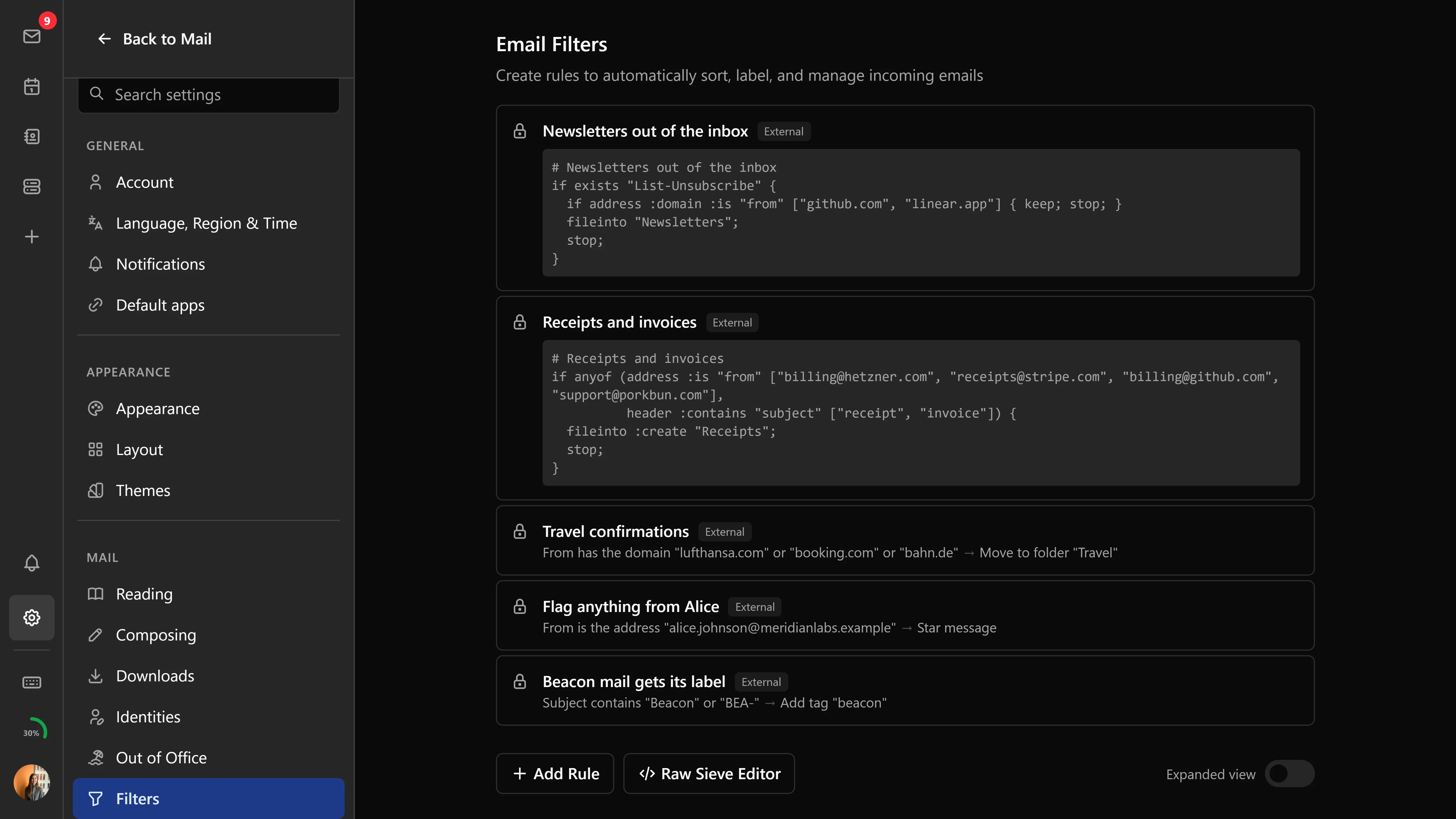 The filter settings with the active Sieve rules