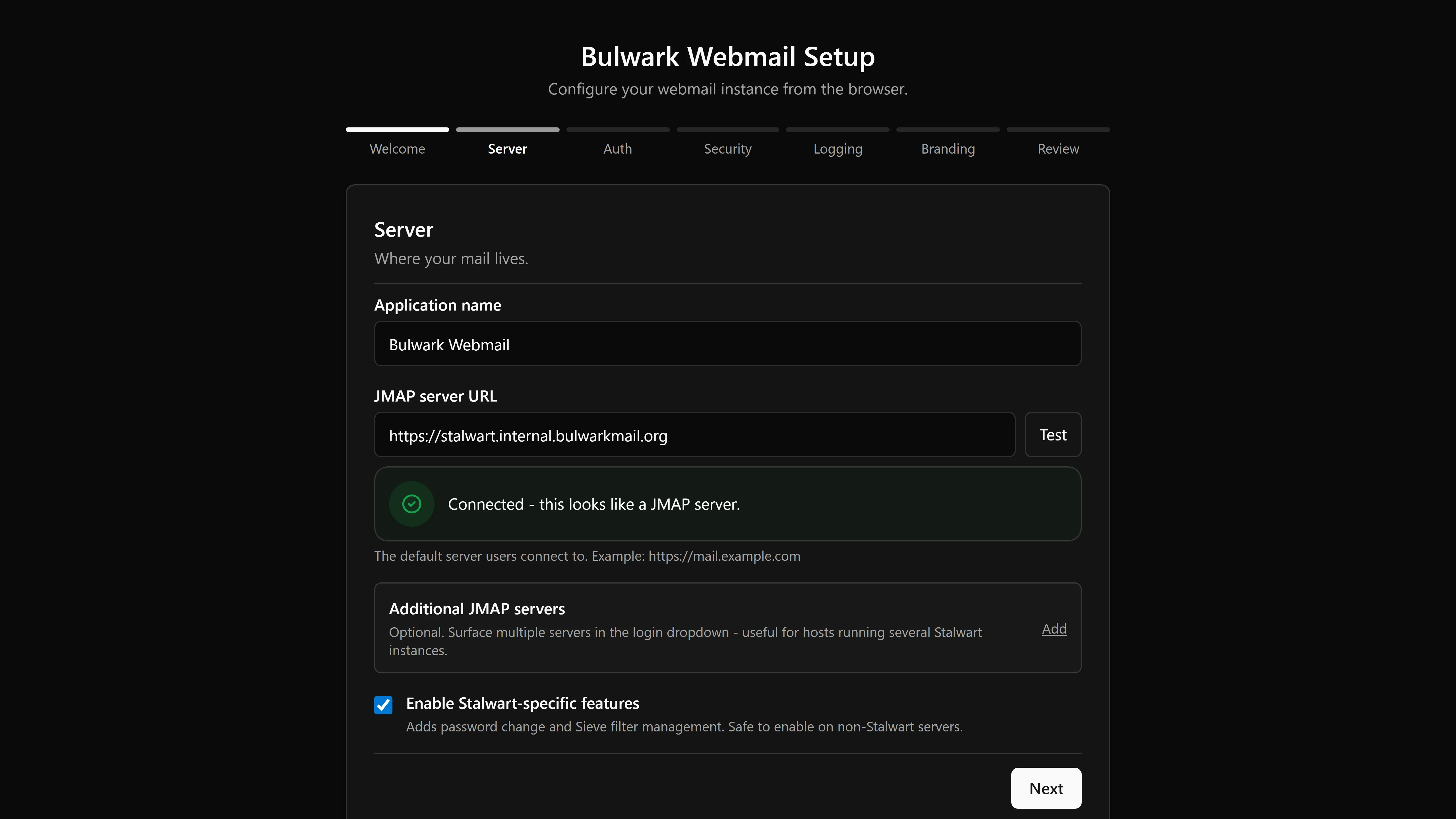 The setup wizard's server step, with the connection test passed