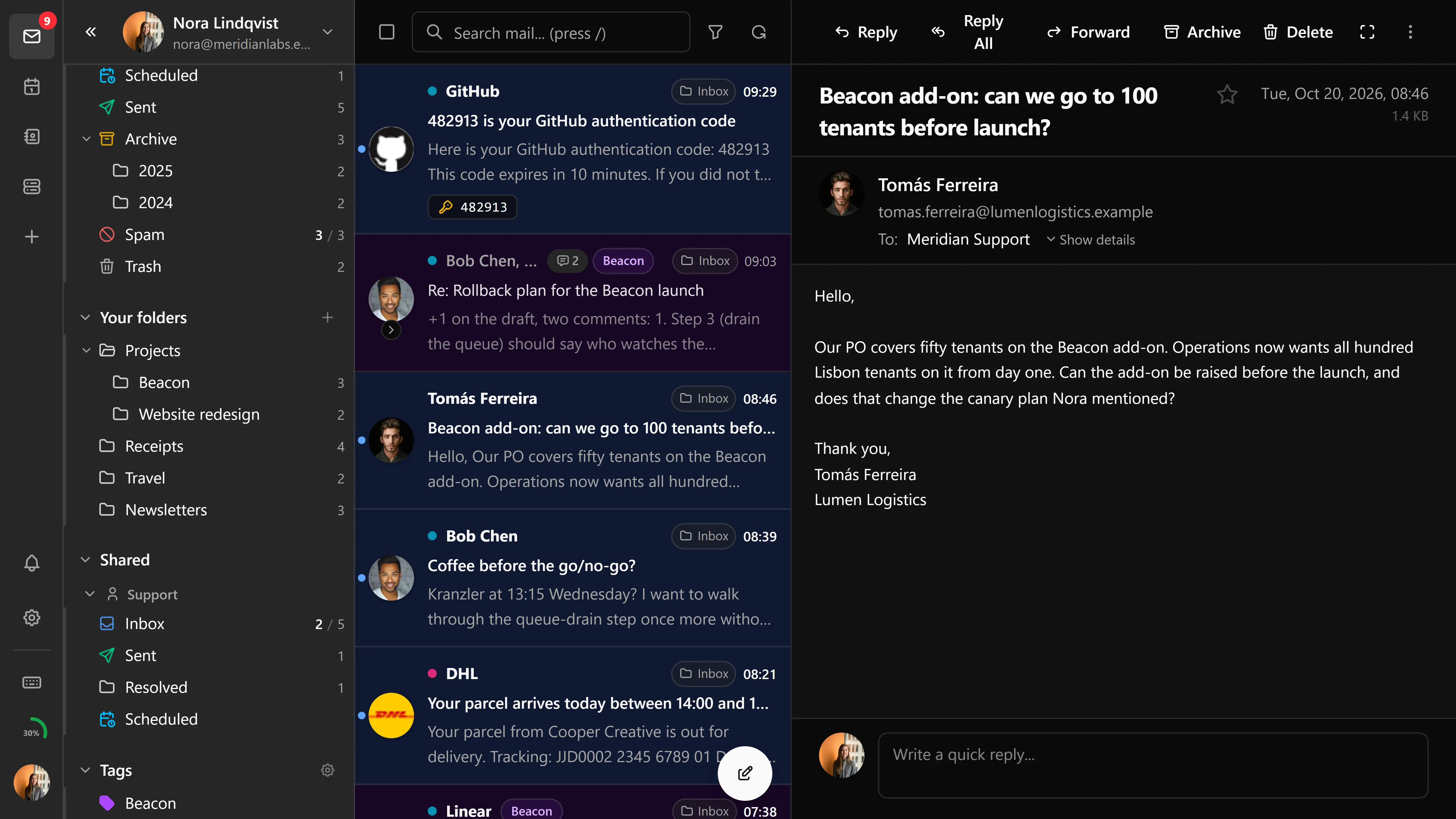A shared Support mailbox under its own heading in the sidebar