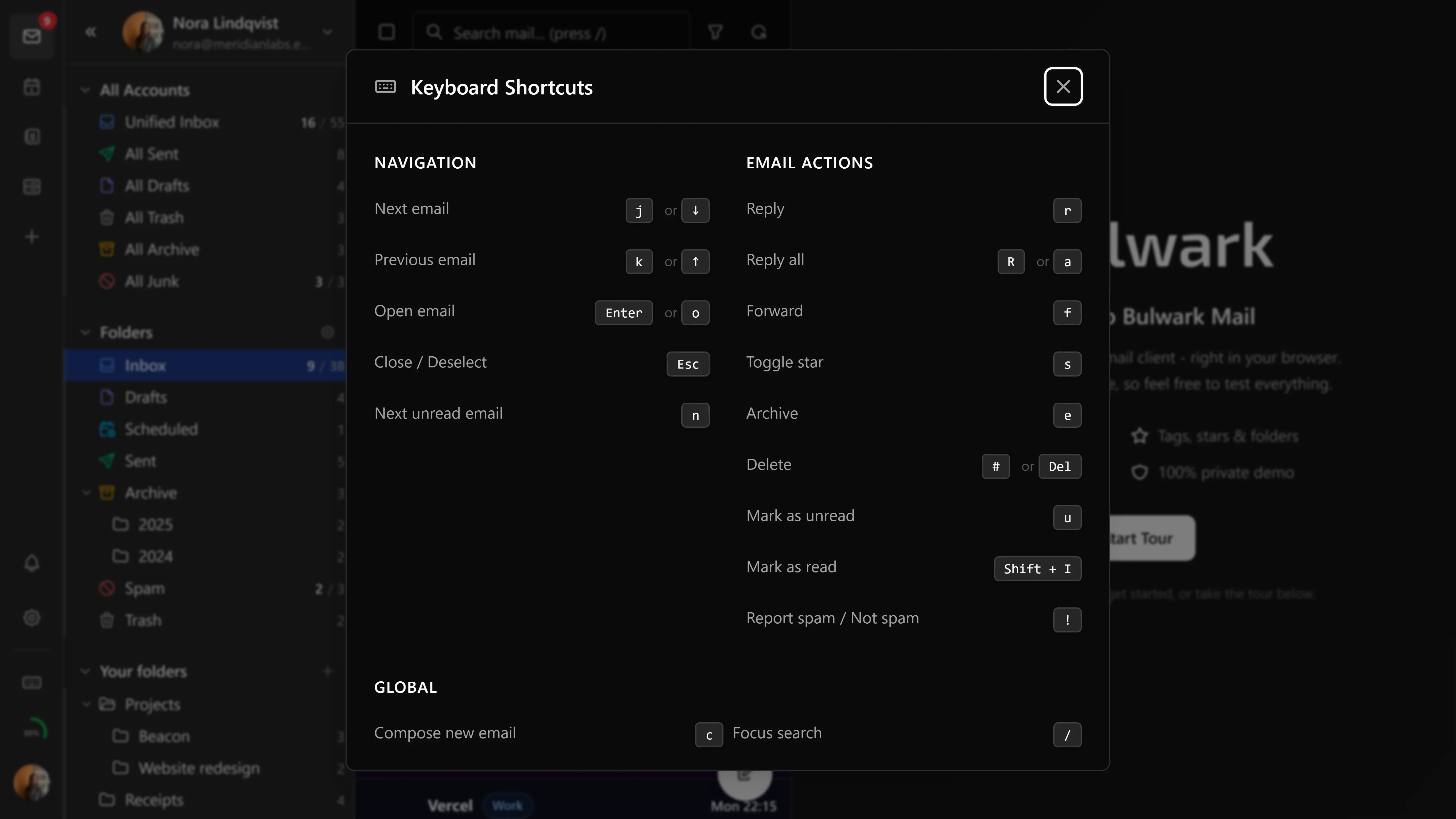 The keyboard shortcuts overlay, opened with ?