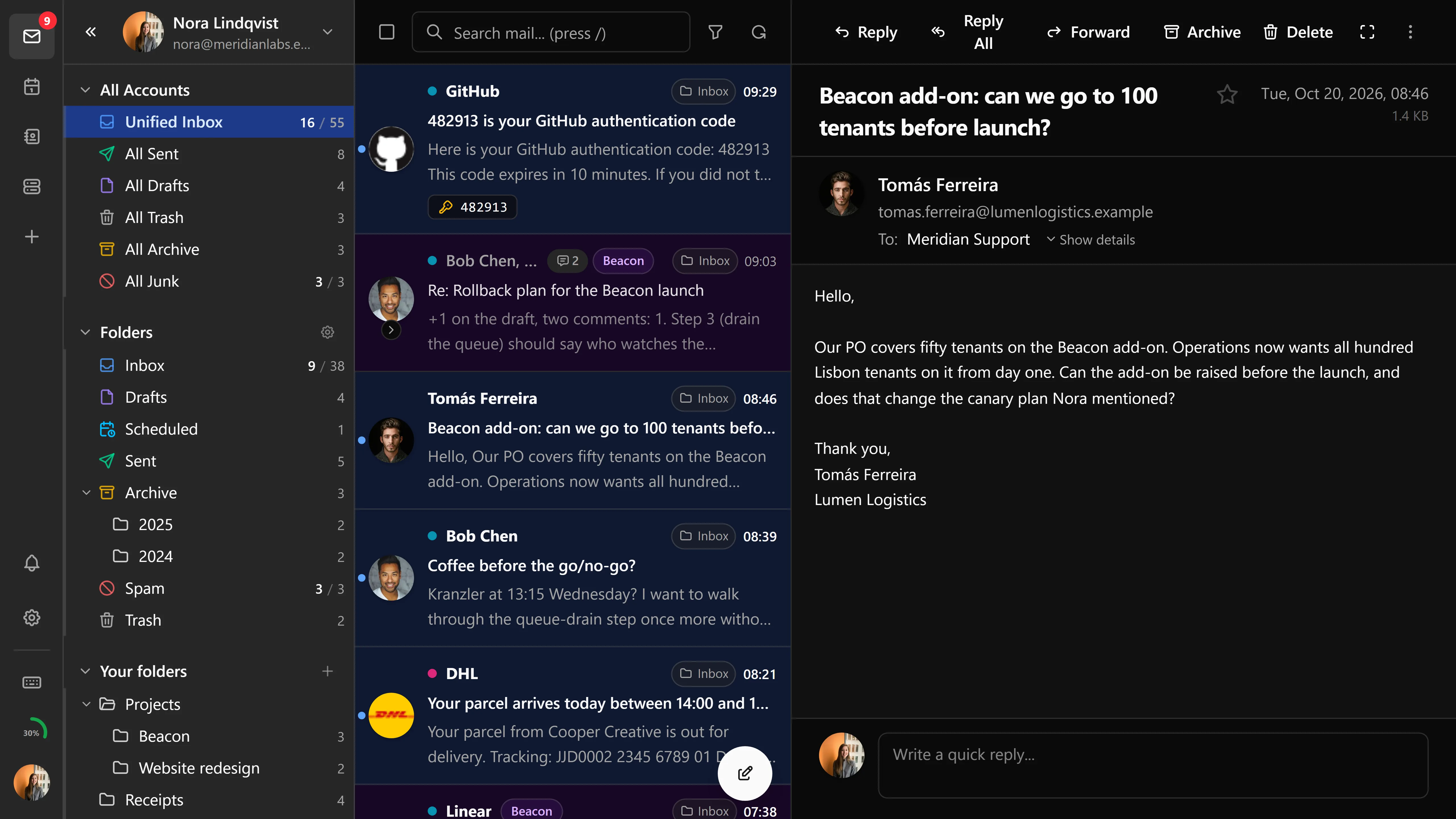 The unified inbox: mail from both accounts and the shared mailbox in one list