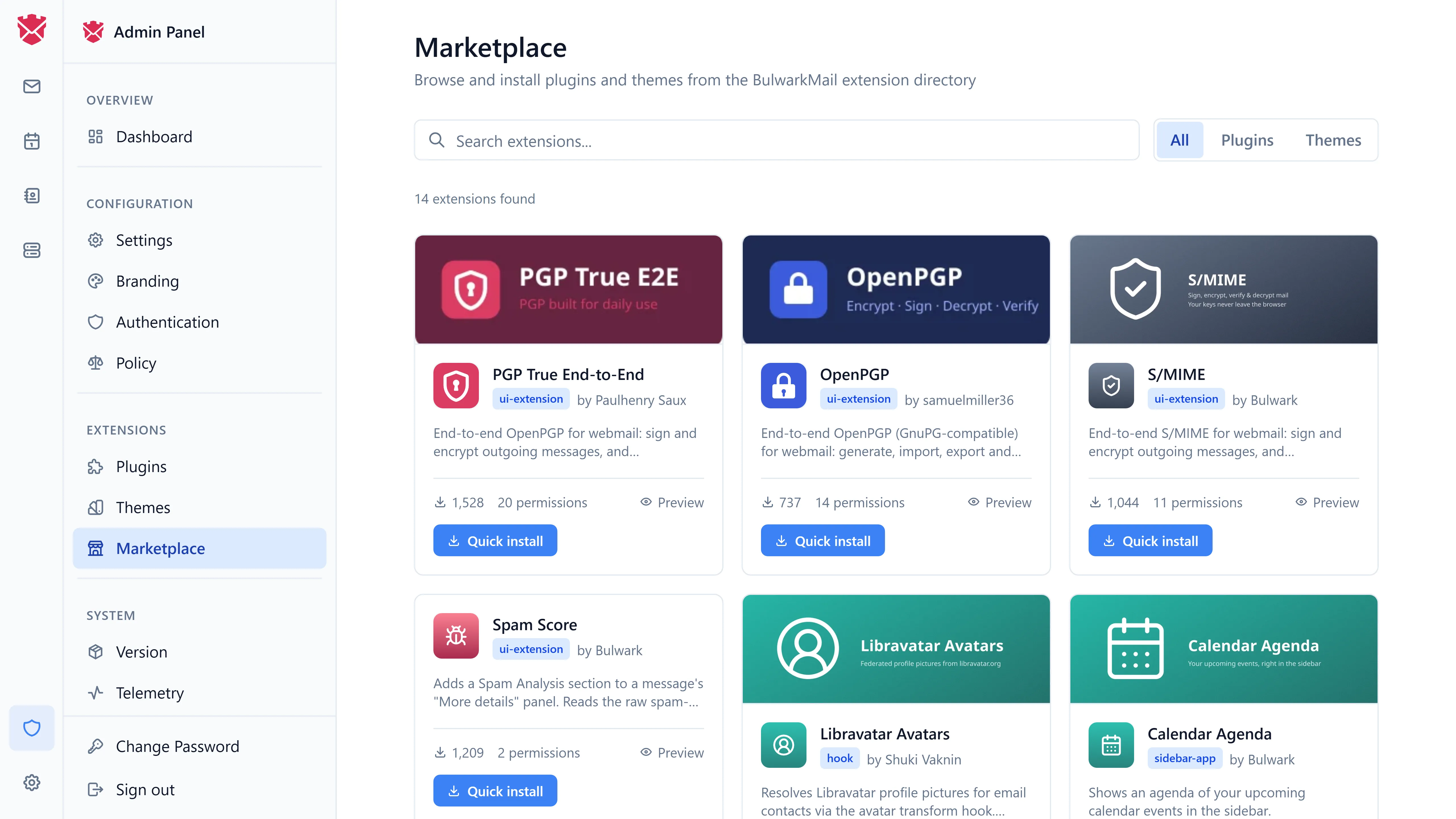 The marketplace in the admin dashboard