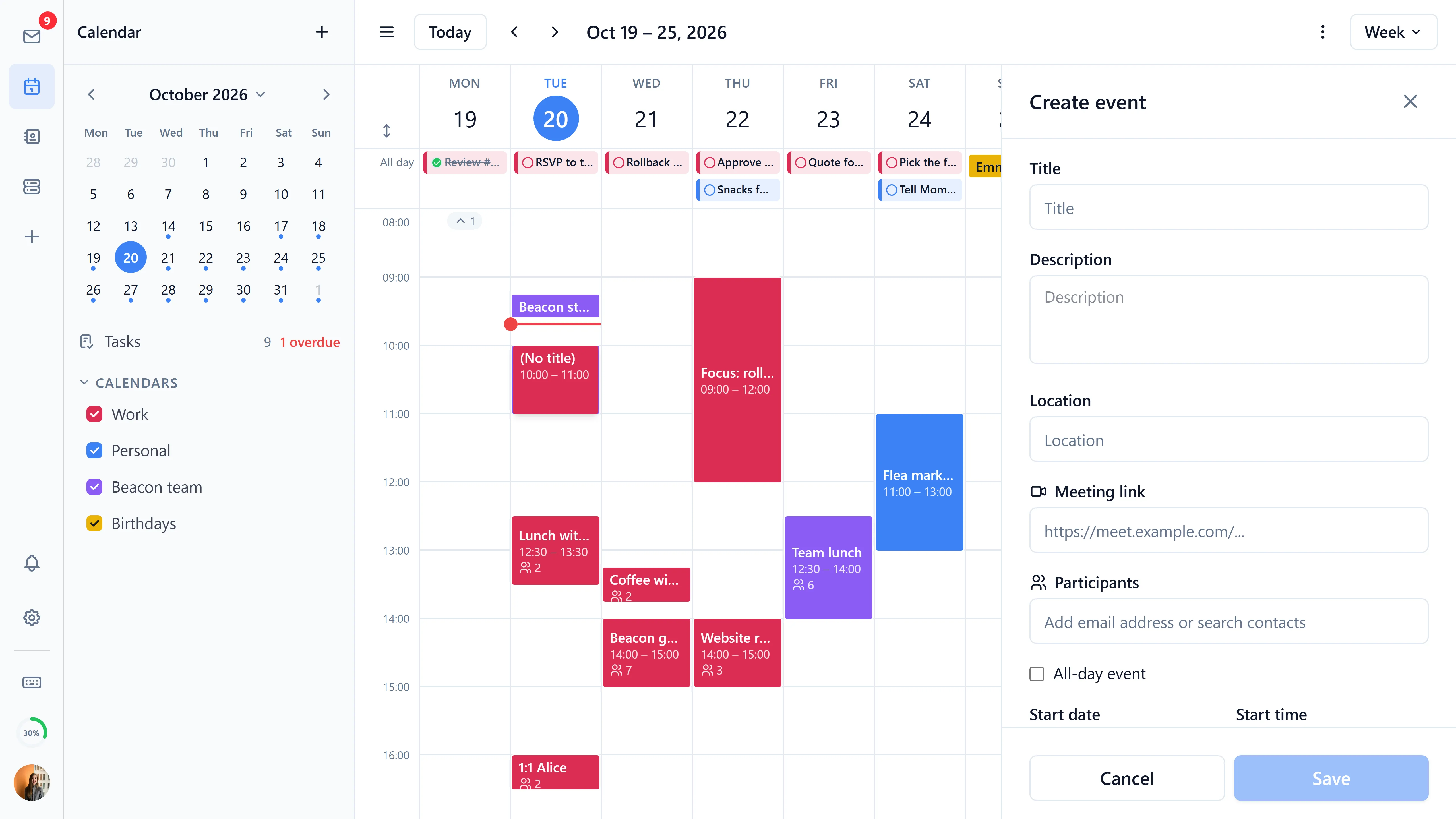 Bulwark calendar event creation