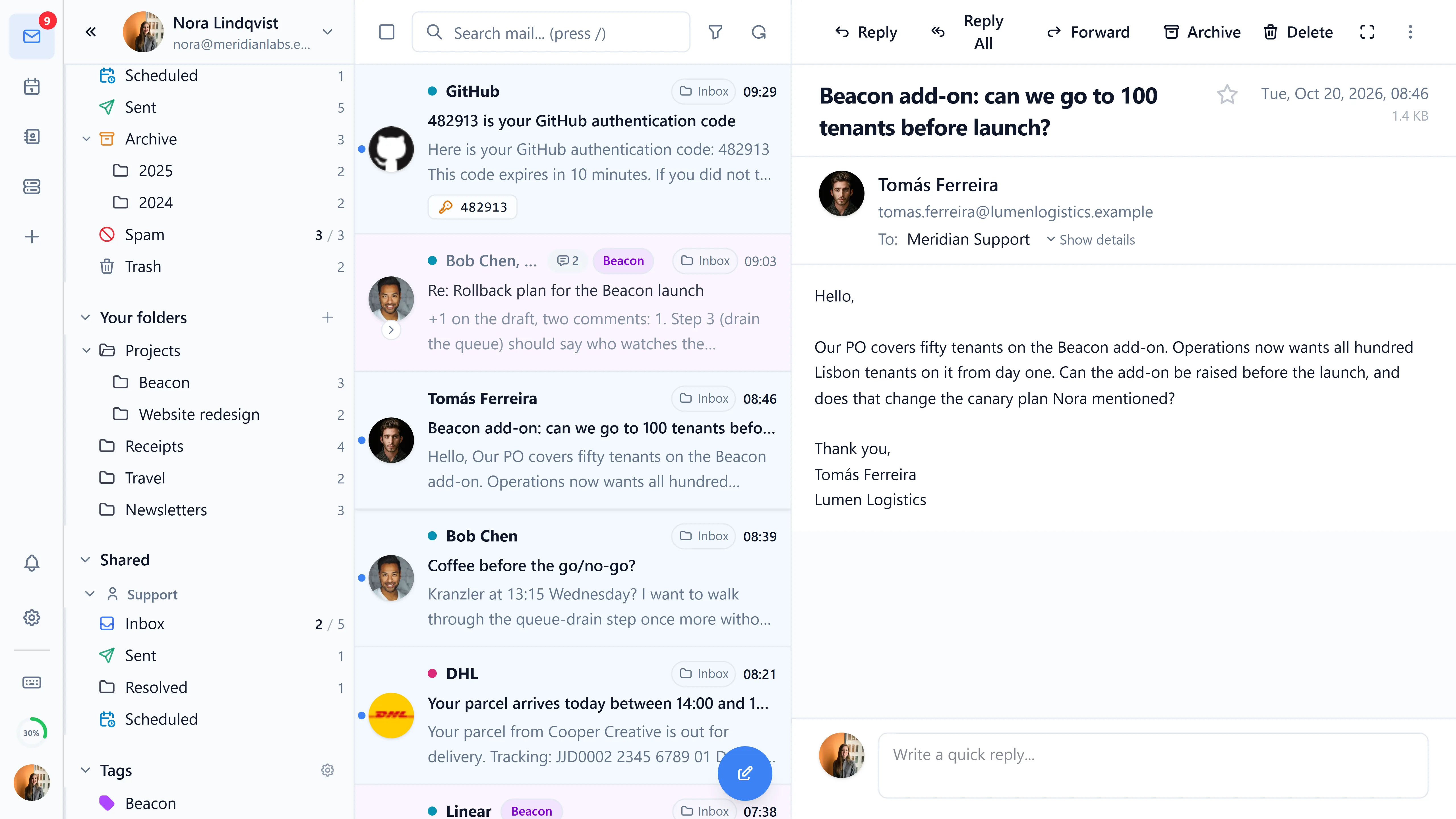A shared Support mailbox under its own heading in the sidebar